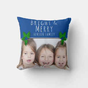 Holly Berry Tree Plant Blue Bright Photo Christmas Throw Pillow