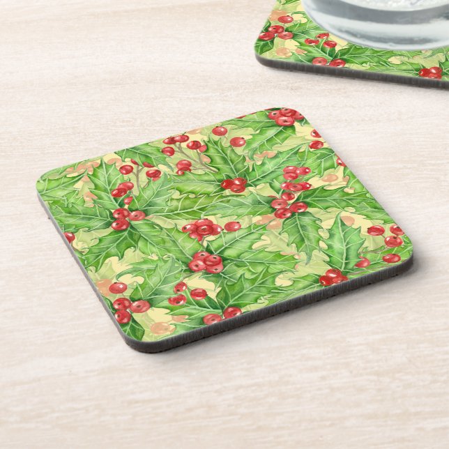 Holly berry watercolor Christmas pattern Coaster (Left Side)