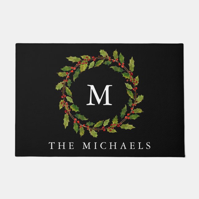 Holly Berry Wreath Christmas Doormat (Front)