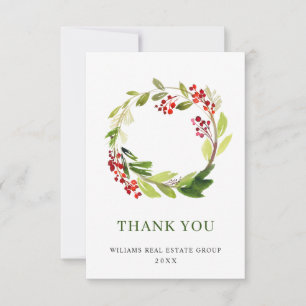 Holly Berry Wreath Christmas Greeting Holiday Thank You Card