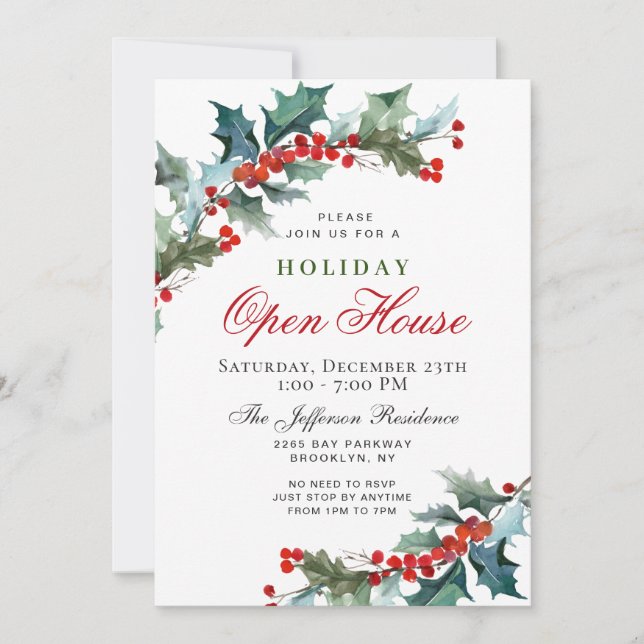 Holly Berry Wreath Christmas Holiday OPEN HOUSE Invitation (Front)