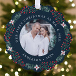 Holly Berry Wreath First Christmas Wedding Photo Ornament Card<br><div class="desc">Send festive holiday greetings to your friends and family with a special Christmas keepsake celebrating your first Christmas as a married couple. The paper ornament card features your favourite wedding photo encircled by a wreath of holly berries, green eucalyptus, and white flowers. The design displays the phrase "Our First Christmas...</div>