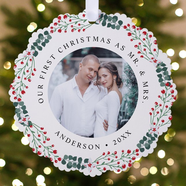 Holly Berry Wreath First Christmas Wedding Photo Ornament Card (Creator Uploaded)