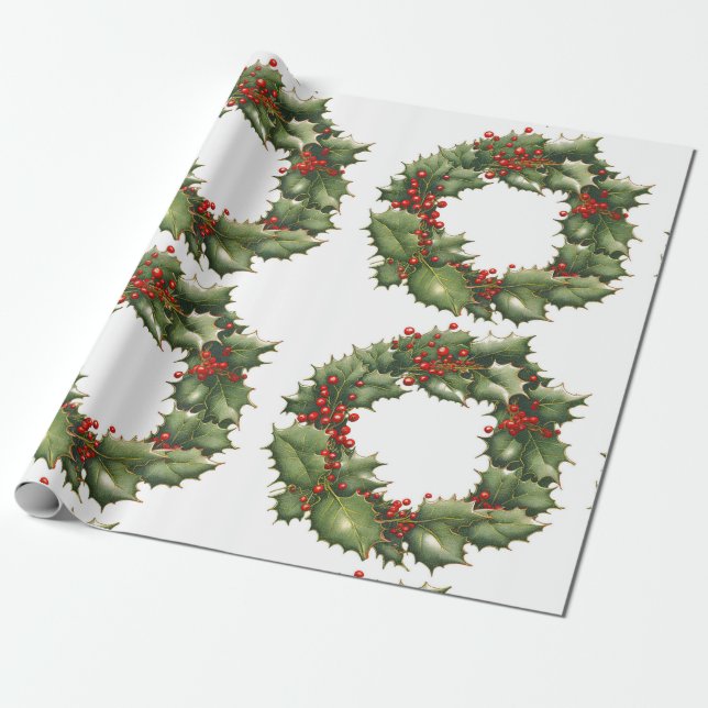 Holly Berry Wreath Wrapping Paper (Unrolled)