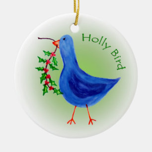 Holly Bird with Green background Ceramic Ornament
