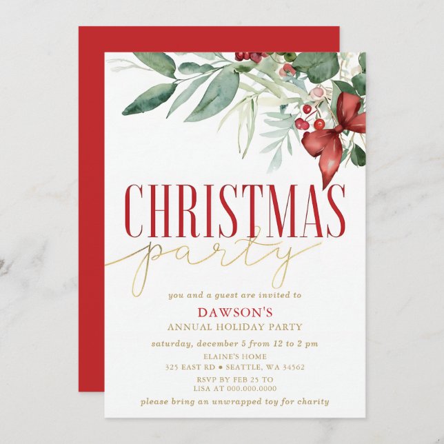 Holly Botanical Corporate Christmas Party  Invitation (Front/Back)