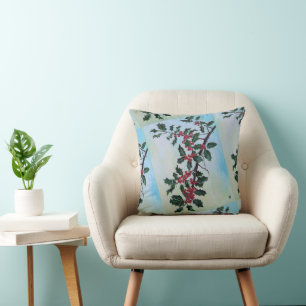 Holly Branch in Winter's Snow by Alfred Fox Throw Pillow
