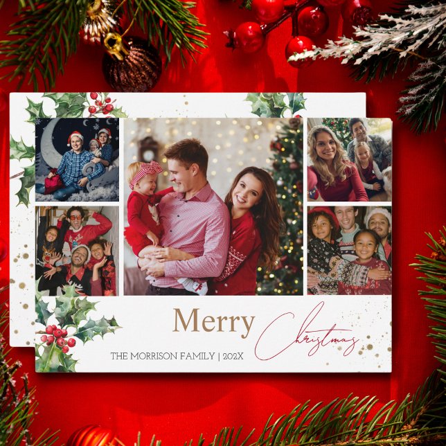 Holly Branches 5 photo collage Christmas  Holiday Card (Creator Uploaded)