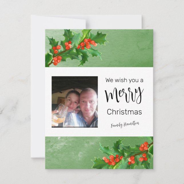 Holly Branches Merry Christmas Flat Holiday Card (Front)