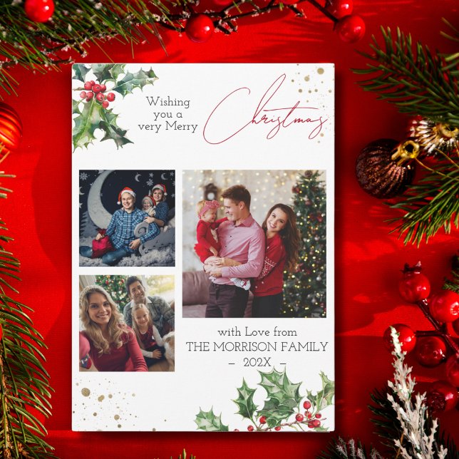 Holly Branches Modern Christmas Photo Holiday Card (Creator Uploaded)