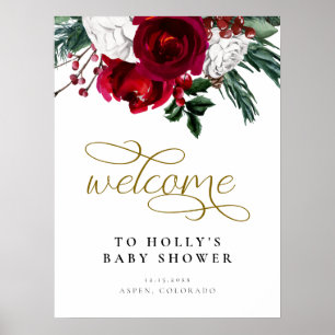 HOLLY Burgundy Floral Winter Baby Shower Welcome Poster
