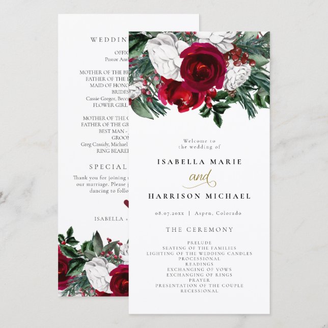 HOLLY Burgundy Winter Floral Gold Wedding Program (Front/Back)