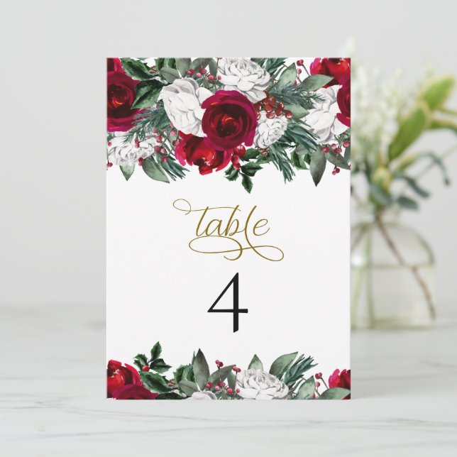 HOLLY Burgundy Winter Floral Tableau Numéro Cartes (Debout devant)