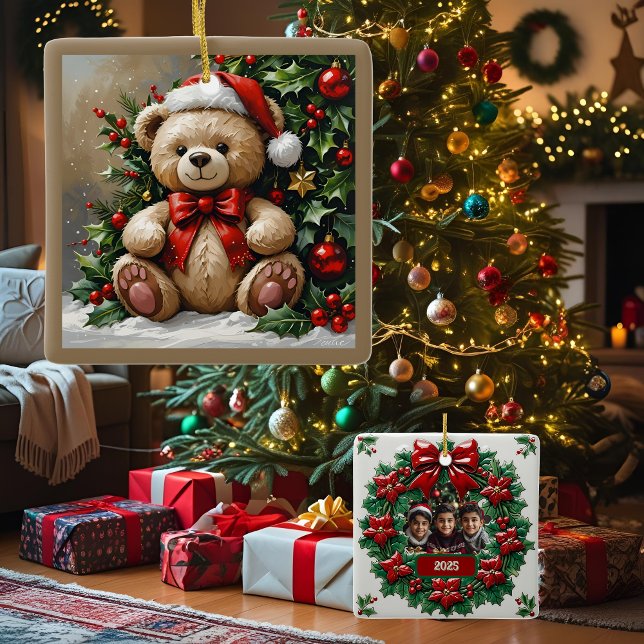 Holly Christmas Bear Customizable Ceramic Ornament (Creator Uploaded)