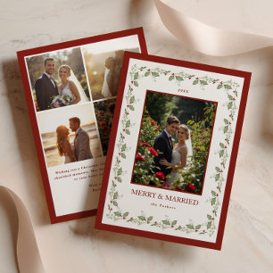 Holly Christmas Berry Frame Newlywed Photo Collage Holiday Card