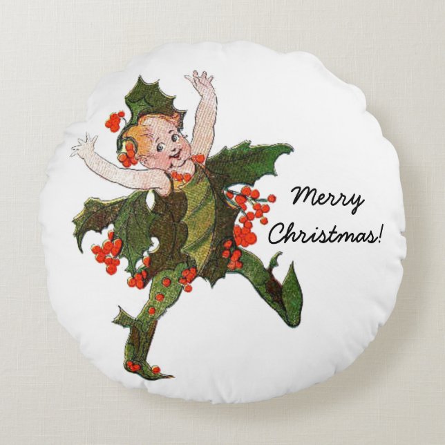 Holly Christmas Flower Child Cute Funny Floral Round Pillow (Front)