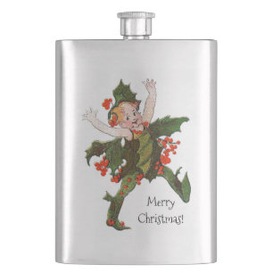 Holly Christmas Flower Child Cute Vintage Floral Hip Flask