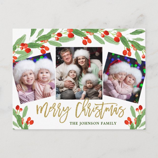 Holly Christmas Holiday 4 PHOTO Greeting Postcard (Front)