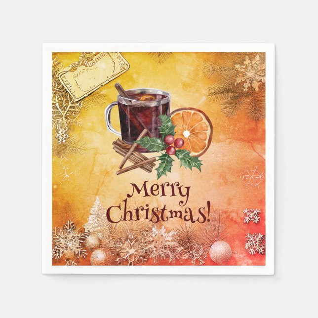 Holly Christmas Party Orange Cinnamon Greeting Napkin (Front)