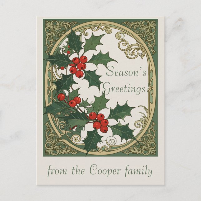 Holly Christmas Red Berry Decorative Holiday Postcard (Front)