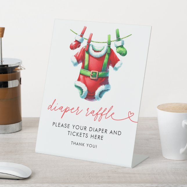 Holly Christmas Santa Baby Shower Diaper Raffle Pedestal Sign (In SItu)