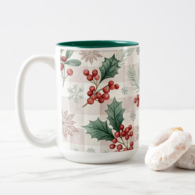 Holly Christmas Snow Watercolor Two-Tone Coffee Mug (With Donut)