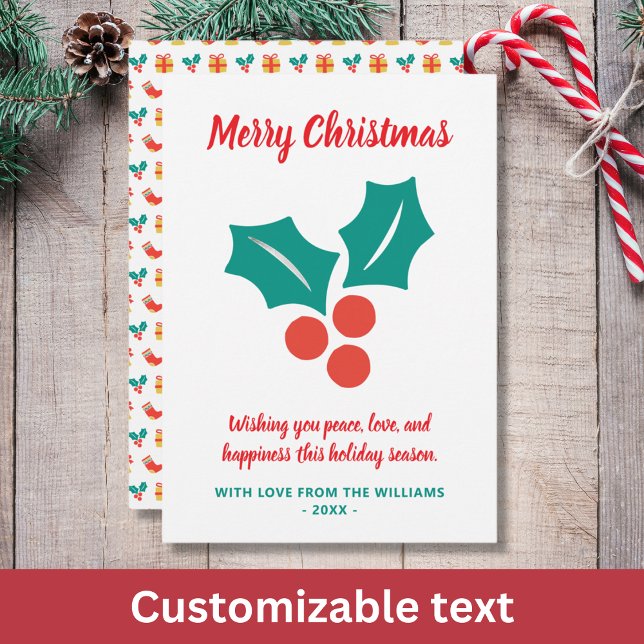 Holly Custom Text Red White Green Merry Christmas Holiday Card (Creator Uploaded)