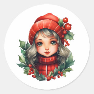 Holly cute girl Christmas Classic Round Sticker