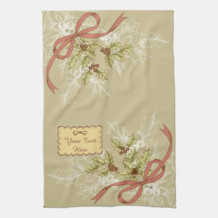 Holly-Day Sketch Holly Berries and Leaves Kitchen Towel