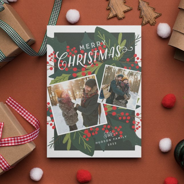 Holly Days | Merry Christmas Tilted 2 Photo Holiday Card (Creator Uploaded)