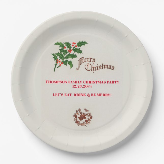 Holly Elegant Festive Christmas Dinner Party Paper Plate (Front)