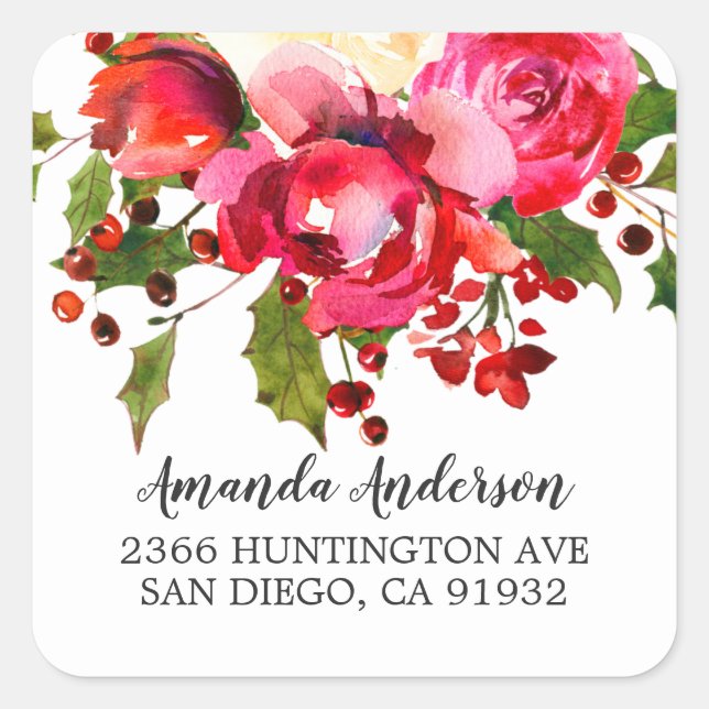 Holly Floral Bridal Shower Return Address Square Sticker (Front)