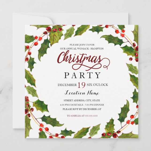 Holly Flourish Rouge Vert Noël Invitation (Devant)