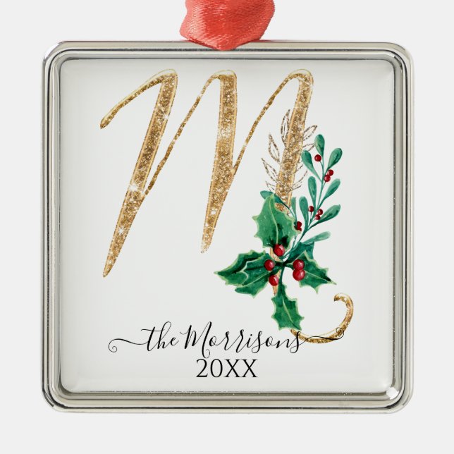 Holly Foliage Monogram M Gold Glitter Christmas Metal Ornament (Front)