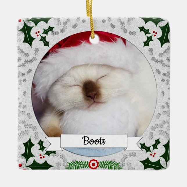 Holly Frame Customizable Kitty Ceramic Ornament (Front)