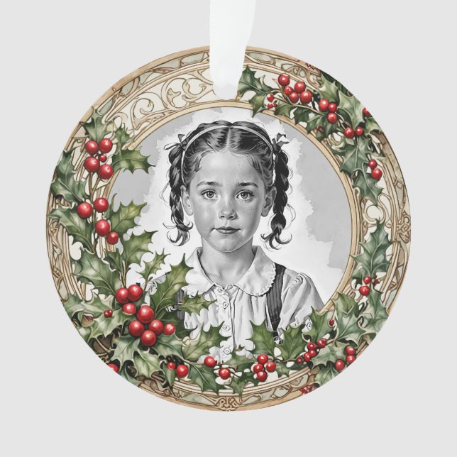 Holly Framed Custom Christmas Photo Round Acrylic Ornament (Front)