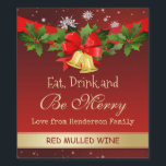 Holly, golden bells and snowflakes Christmas Wine Label<br><div class="desc">Wine label - Holly,  golden bells and snowflakes set against a red Christmas background with sparkling stars.</div>