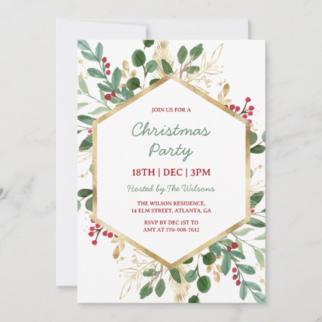 Holly Green and Gold Christmas Party Invitation (Front)