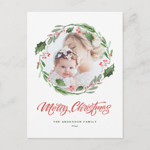 Holly Greenery Wreath Circle Photo Merry Christmas Holiday Postcard