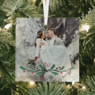 Holly Haf Wreath Monogram Winter Wedding Photo Glass Ornament