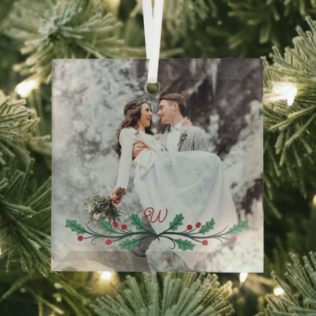 Holly Haf Wreath Monogram Winter Wedding Photo Glass Ornament (Insitu)
