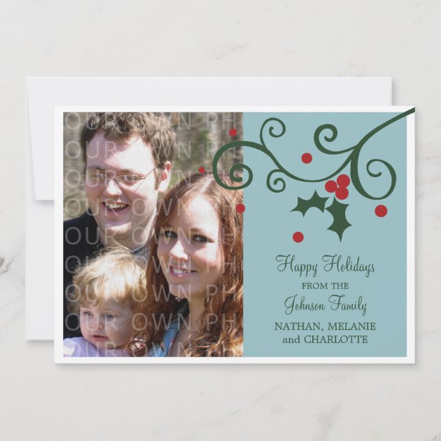 Holly Holiday Photo Flat Card, Blue (Front)
