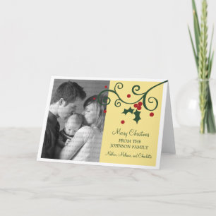 Holly Holiday Photo Greeting Card, Yellow Card