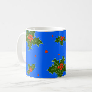 Holly (Ilex) Christmas Motif on Blue Background   Coffee Mug