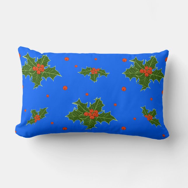 Holly (Ilex) Christmas Motif on Blue Background   Lumbar Pillow (Front)
