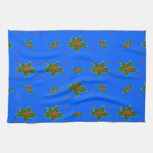 Holly (Ilex) Christmas Motif on Festive Blue Kitchen Towel