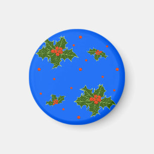 Holly (Ilex) Christmas Motif on Festive Blue  Magnet