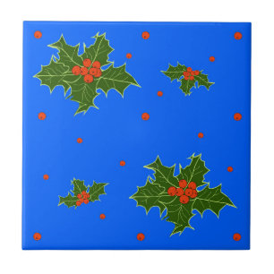 Holly (Ilex) Christmas Motif on Festive Blue  Tile