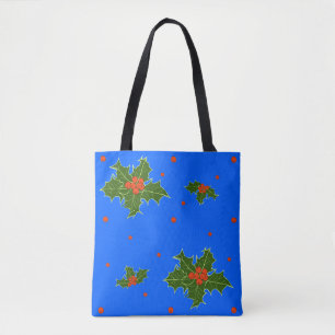 Holly (Ilex) Christmas Motif on Festive Blue  Tote Bag