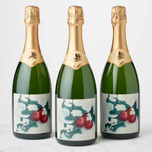Holly in Snow Sparkling Wine Label (Bottles)